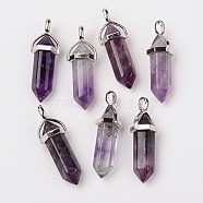Natural Amethyst Double Terminated Pointed Pendants, with Random Alloy Pendant Hexagon Bead Cap Bails, Bullet, Platinum, 37~40x12mm, Hole: 3mm(X-G-F295-05C)