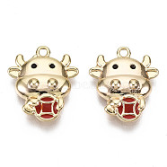 Brass Enamel Charms, Nickel Free, Real 18K Gold Plated, Cattle, Red, 15x13x3mm, Hole: 1.2mm(KK-N231-127-NF)