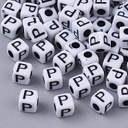 White Opaque Acrylic Beads, Horizontal Hole, Cube with Black Alphabet, Letter.P, 4~5x4~5x4~5mm, Hole: 1.8mm, about 6470~6500pcs/500g(MACR-R869-02P)