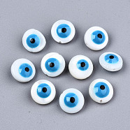 Natural Freshwater Shell Beads, with Enamel, Enamelled Sequins, Flat Round with Evil Eye, Deep Sky Blue, 8x4.5mm, Hole: 0.8mm(SHEL-T018-08C)