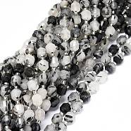 Natural Tourmalinated Quartz/Black Rutilated Quartz Beads Strands, with Seed Beads, Faceted, Bicone, Double Terminated Point Prism Beads, 7~8x7~8mm, Hole: 0.8mm, about 38pcs/strand, 15.35 inch(39cm)(G-O201B-51A)
