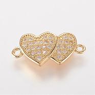 Brass Micro Pave Cubic Zirconia Links, Heart with Heart, Golden, 18x8x2.5mm, Hole: 1mm(ZIRC-K061-100G)
