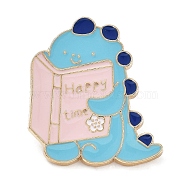 Cartoon Dinosaur with Book & Word Happy Time Enamel Pins, Light Gold Alloy Brooch for Backpack Clothes, Sky Blue, 29x26x2mm(JEWB-P022-D01)