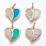 Brass Micro Pave Cubic Zirconia Charms, with Synthetic Opal, Heart, Golden, Mixed Color, 14.5x15x2.5mm, Hole: 4mm(KK-L161-11G)