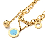 Synthetic Turquoise Flat Round & Ball Charms Double Layered Bracelet, Ion Plating(IP) 304 Stainless Steel Chains Multi-strand Bracelet for Women, Golden, 6-1/2 inch(16.5cm)(BJEW-G646-07G)