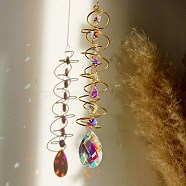 Faceted Glass Suncatchers, Iron Spiral Tail Wind Spinner Hanging Ornaments, Rainbow Maker, for Garden & Home Decoration, Teardrop, 450mm(PW-WG34118-05)