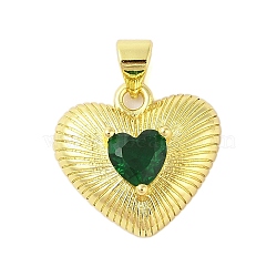 Rack Plating Brass Micro Pave Cubic Zirconia Pendants, Cadmium Free & Lead Free, Long-Lasting Plated, Heart, Real 18K Gold Plated, Green, 18x16x6mm, Hole: 4x3mm(KK-S380-41E-G)