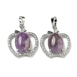 Natural Amethyst with Clear Cubic Zirconia Pendants, Apple Charms with Rack Plating Brass Findings, Platinum, Cadmium Free & Lead Free, 28.5x25.5x9~10mm, Hole: 7x5mm(G-G133-03P-24)