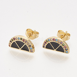 Brass Cubic Zirconia Stud Earrings, with Enamel and Ear Nuts, Half Round/Semicircle, Golden, Black, 6x12mm, Pin: 0.7mm(EJEW-S201-172A)