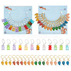 2 Sets 2 Style Resin Bear & Alloy Enamel Leaf Charm Locking Stitch Marker, Crochet Leverback Hoop Charm, Mixed Color, 3.5~3.8cm, 1 set/style(HJEW-NB0002-06)