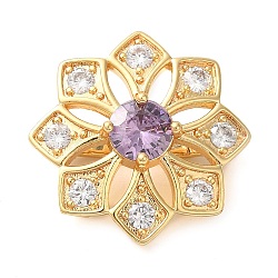 Brass Micro Pave Clear Cubic Zirconia Fold Over Clasps, Flower, Purple, Real 18K Gold Plated, 20.5x8.5mm(KK-G505-08G)