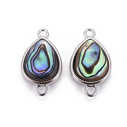 Natural Abalone Shell/Paua ShellShell Links connectors, with Brass Findings, Teardrop, Platinum, 17x10x4.5mm, Hole: 1.5mm(BSHE-F011-10P)