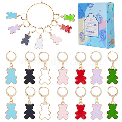 Alloy Enamel Bear Pendant Locking Stitch Markers, with 304 Stainless Steel Leverback Earring & Brass Wine Glass Charm Rings Stitch Marker, Mixed Color, 3.7cm, 7 colors, 2pcs/color, 14pcs/set(HJEW-SC00002)