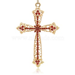 Shining Golden Plated Alloy Rhinestone Cross Big Pendants Necklace Charms, Light Siam, 97x63x6mm, Hole: 4mm(RB-J206-21G)