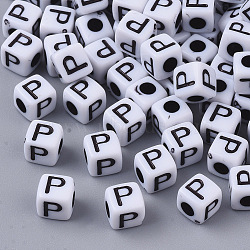 White Opaque Acrylic Beads, Horizontal Hole, Cube with Black Alphabet, Letter.P, 4~5x4~5x4~5mm, Hole: 1.8mm, about 6470~6500pcs/500g(MACR-R869-02P)