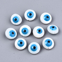 Natural Freshwater Shell Beads, with Enamel, Enamelled Sequins, Flat Round with Evil Eye, Deep Sky Blue, 8x4.5mm, Hole: 0.8mm(SHEL-T018-08C)