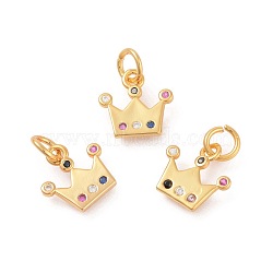 Brass Micro Pave Cubic Zirconia Charms, Crown, Colorful, Golden, 12.5x13x1.5mm, Hole: 4mm(X-ZIRC-F106-04G)