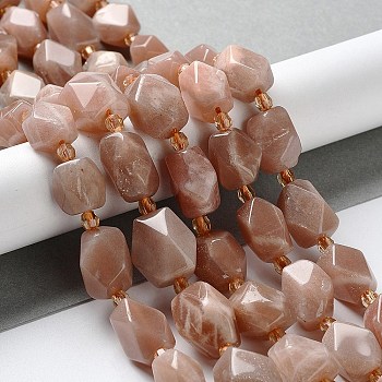 Natural Peach Moonstone Beads Strands, with Seed Beads, Faceted, Rhombus, 12~15x9~12x9~12mm, Hole: 1~1.2mm, about 20~21pcs/strand, 15.20~15.51 inch(38.6~39.4cm)