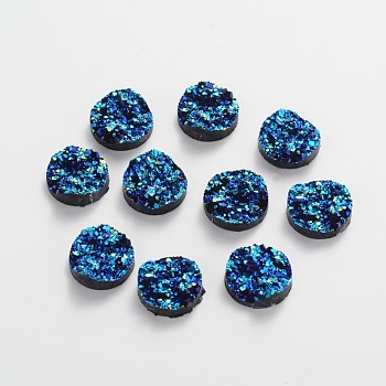 Druzy Resin Cabochons, Flat Round, Dark Turquoise, 12x5mm
