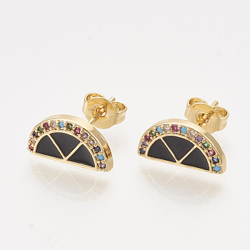 Brass Cubic Zirconia Stud Earrings, with Enamel and Ear Nuts, Half Round/Semicircle, Golden, Black, 6x12mm, Pin: 0.7mm