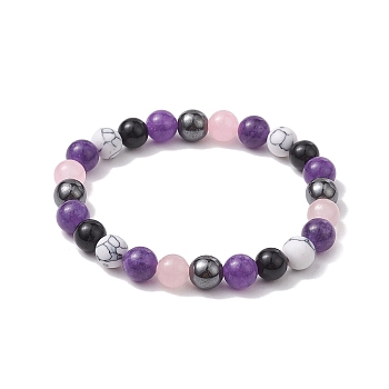 8mm Round Natural Obsidian & Dyed Quartz & Dyed Jade, Synthetic Howlite & Non-magnetic Hematite Beaded Stretch Bracelets for Women, Inner Diameter: 2-1/2 inch(6.4cm), Round: 8mm