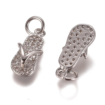 Brass Micro Pave Clear Cubic Zirconia Charms, with Jump Rings, Flip-Flops/Chancla, Platinum, 15x7x4mm, Hole: 3mm