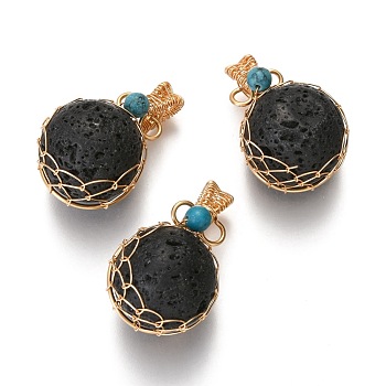 Natural Lava Rock & Turquoise Pendants, with Golden Brass Findings, Round, 26.5~28x17~17.5x16.5mm, Hole: 3~5X2.5~3.5mm