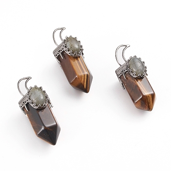 Natural Tiger Eye Pointed Big Pendants, with Gunmetal Tone Brass Pendant Bails and Natural Labradorite, Bullet, 52~54x20x22~23mm, Hole: 8x5mm