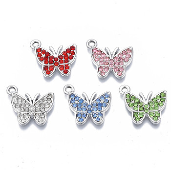 Alloy Pendants, with Rhinestone, Cadmium Free & Nickel Free & Lead Free, Butterfly, Platinum, Mixed Color, 15x17x2.5mm, Hole: 1.6mm