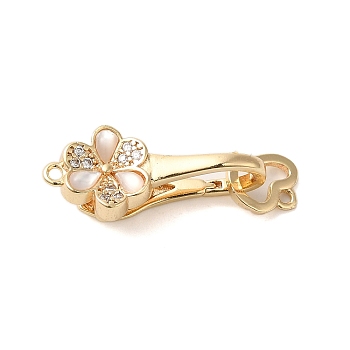 Brass Micro Pave Clear Cubic Zirconia Fold Over Clasps, with White Shell, Flower, Real 18K Gold Plated, 29mm, Hole: 1.2mm