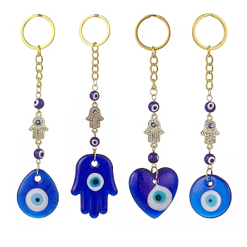 Heart/Hamsa Hand/Teardrop/Flat Round with Evil Eye Lampwork Pendant Keychain, with Alloy Rhinestone Links Connectors and Iron Findings, for Woman Bag Car Key Decoration, Golden, 13.5~15.2cm