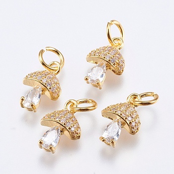 Brass Micro Pave Cubic Zirconia Charms, Cadmium Free & Lead Free, Mushroom, Real 18K Gold Plated, 11x7.5x4mm, Hole: 3mm
