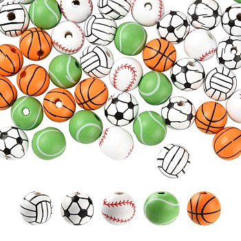 100Pcs 5 Style Painted Natural Wood European Beads, Large Hole Beads, Printed, Baseball & Volleyball & Football & Basketball, Mixed Color, 16x15mm, Hole: 4mm, 20pcs/style