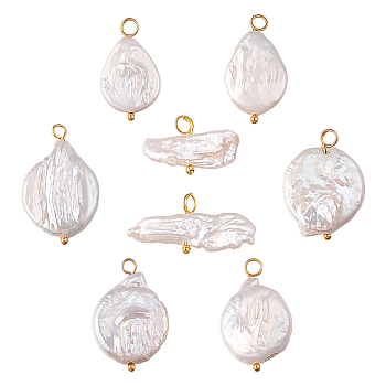 8Pcs 4 Styles Baroque Natural Keshi Pearl Pendants, Flat Round & Teardrop & Rectangle Charms, with Golden Tone Metal Loops, Seashell Color, 13~29mm, Hole: 2.5~3mm, 2pcs/style