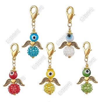 10Pcs 5 Colors Angel Glass Seed Bead Pendant Decorations, Alloy Lobster Claw Clasps Charms for Bag Ornaments, Mixed Color, 48mm, 2pcs/color