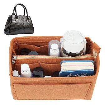 Felt Purse Organizer Insert, Mini Envelope Handbag Shaper Premium Felt, Bag Accessories, Rectangle, with Alloy Zipper, Saddle Brown, 25.7x16x15cm
