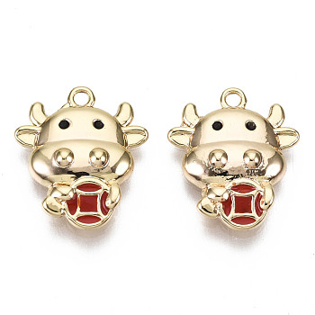 Brass Enamel Charms, Nickel Free, Real 18K Gold Plated, Cattle, Red, 15x13x3mm, Hole: 1.2mm