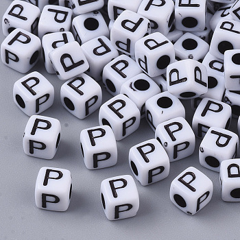 White Opaque Acrylic Beads, Horizontal Hole, Cube with Black Alphabet, Letter.P, 4~5x4~5x4~5mm, Hole: 1.8mm, about 6470~6500pcs/500g
