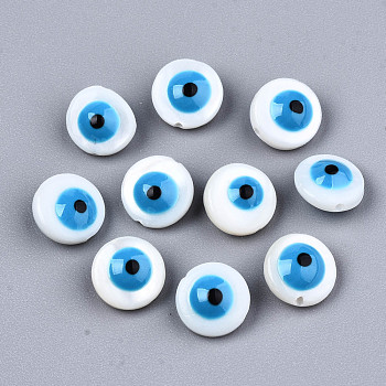 Natural Freshwater Shell Beads, with Enamel, Enamelled Sequins, Flat Round with Evil Eye, Deep Sky Blue, 8x4.5mm, Hole: 0.8mm