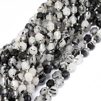 Natural Tourmalinated Quartz/Black Rutilated Quartz Beads Strands, with Seed Beads, Faceted, Bicone, Double Terminated Point Prism Beads, 7~8x7~8mm, Hole: 0.8mm, about 38pcs/strand, 15.35 inch(39cm)