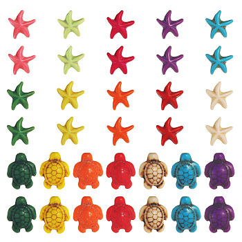 160Pcs 2 Styles Synthetical Turquoise Beads, Dyed, Turtle & Starfish, Mixed Color, 14~18.5x14~15x5~8mm, Hole: 1.5mm, 80pcs/box