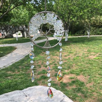 Metal Wire Wrapped Opalite Chips Flat Round with Tree of Life Pendant Decorations. Hanging Suncatchers, with Glass Teardrop Charm, 300x80mm