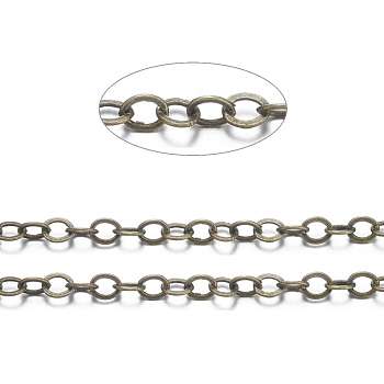 Brass Flat Oval Cable Chains, Unwelded, with Spool, Cadmium Free & Nickel Free & Lead Free, Antique Bronze, 3.5x3x0.5mm, about 301.83 Feet(92m)/roll