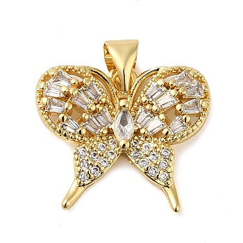 Rack Plating Brass Micro Pave Cubic Zirconia Pendants, Cadmium Free & Lead Free, Long-Lasting Plated, Butterfly, Real 18K Gold Plated, 15.5x18x4mm, Hole: 5x3.5mm