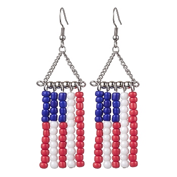 Alloy Triangle Chandelier Earrings, Independence Day Theme Glass Beaded Tassel Earrings, Colorful, 80x24mm