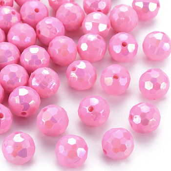 Opaque Acrylic Beads, Faceted, Dyed, AB Color, Round, Hot Pink, 12x11.5mm, Hole: 1.8mm, about 560pcs/500g
