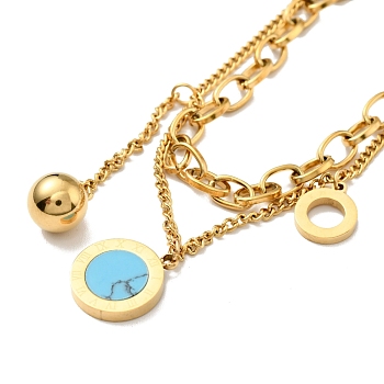 Synthetic Turquoise Flat Round & Ball Charms Double Layered Bracelet, Ion Plating(IP) 304 Stainless Steel Chains Multi-strand Bracelet for Women, Golden, 6-1/2 inch(16.5cm)