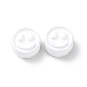 Spray Painted Alloy Beads, Flat Round with Smiling Face, White, 7.5x4mm, Hole: 2mm
