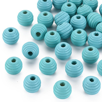 Painted Natural Wood Beehive Beads, Round, Medium Turquoise, 12x11mm, Hole: 3.5mm