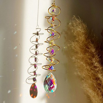 Faceted Glass Suncatchers, Iron Spiral Tail Wind Spinner Hanging Ornaments, Rainbow Maker, for Garden & Home Decoration, Teardrop, 450mm